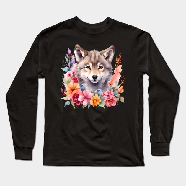 A wolf decorated with beautiful watercolor flowers Long Sleeve T-Shirt by CreativeSparkzz